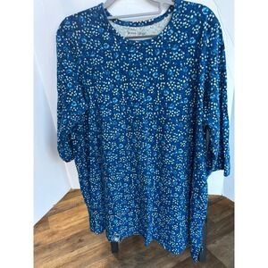 Woman Within Tunic Top Womens 14/16 Blue Excellent Floral 3/4 Sleeve Knit